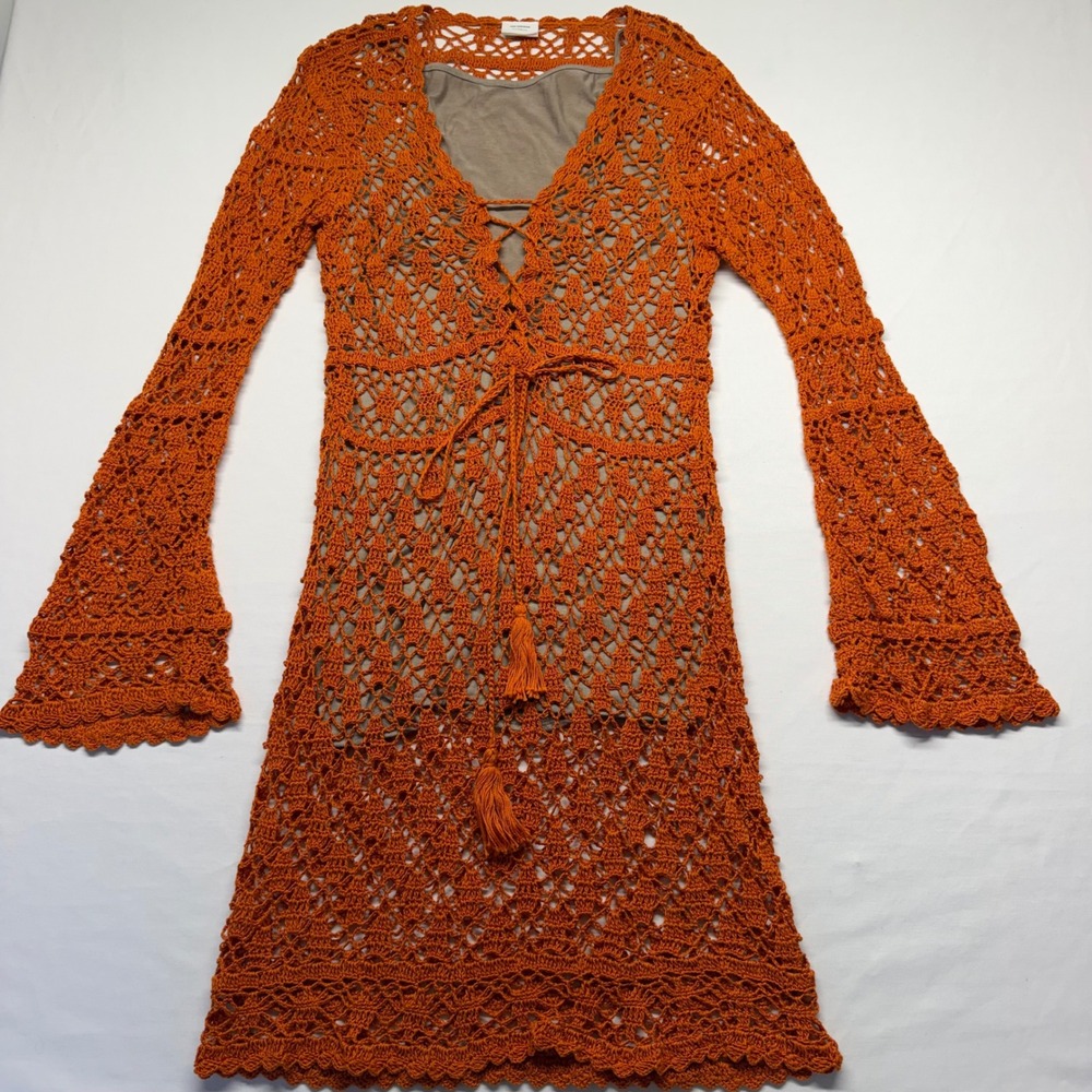 Anna Kosturova Bianca Crochet Mini Dress M Orange Handmade Bell Sleeve Boho